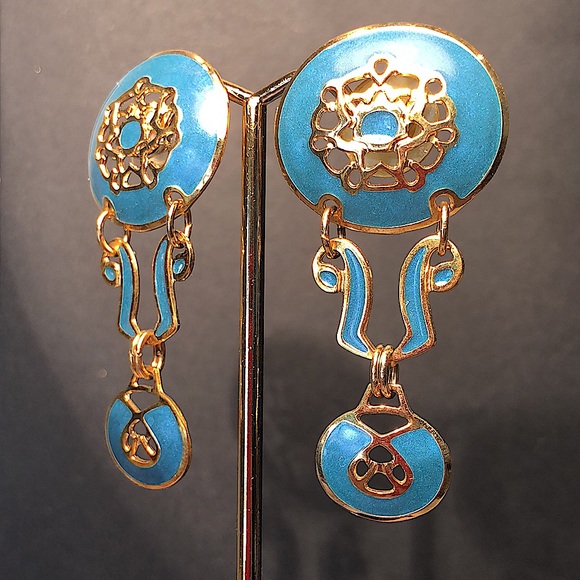 Berébi cerulean enameled pierced dangle earrings. EUC - 3” x 1” Unique Stamped - Picture 6 of 11
